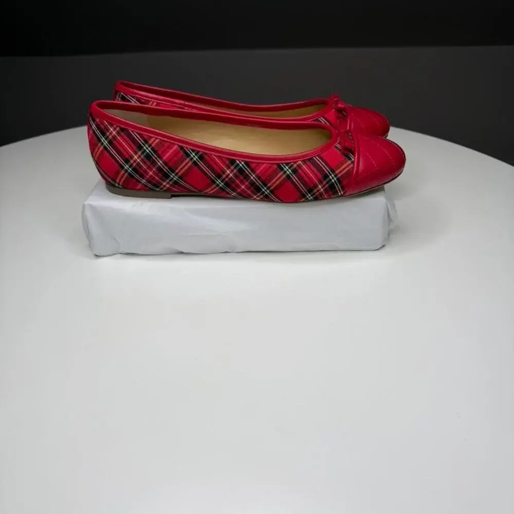 Talbots Red Plaid Ballet Flats Quilted Toe Cap Bow Flats Women’s‎ Size 9.5